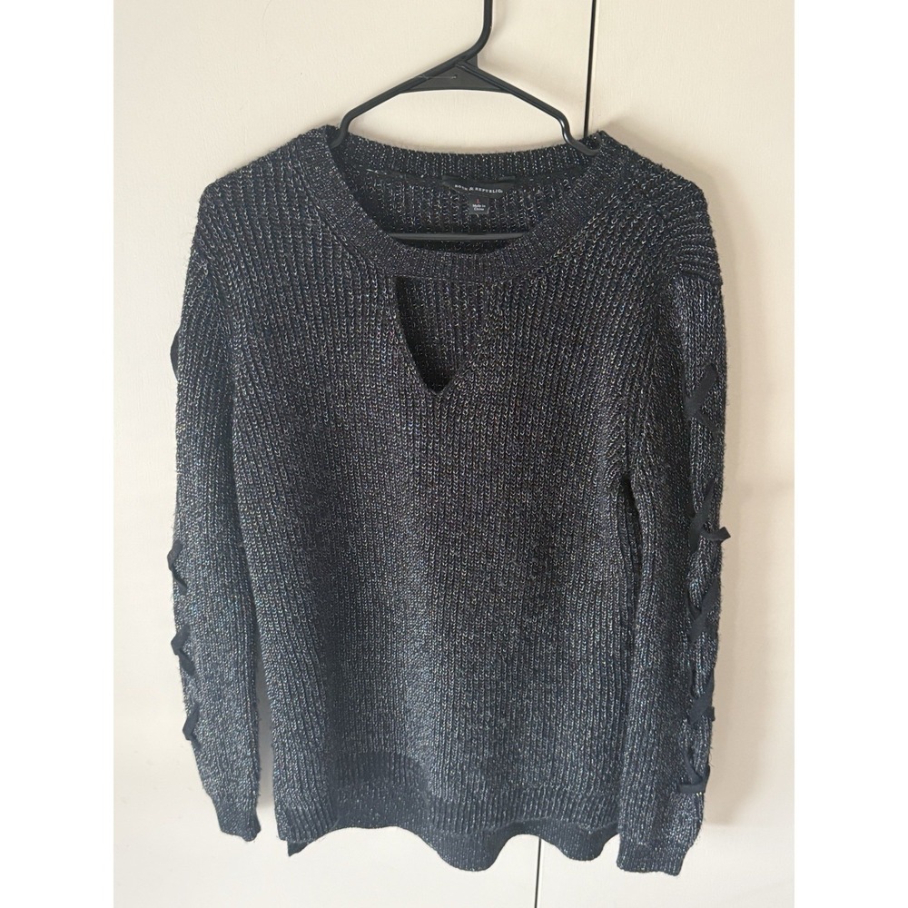 Rock & Republic Top Shirt Women's L Black Long Sleeve Metallic Shimmer Key Hole